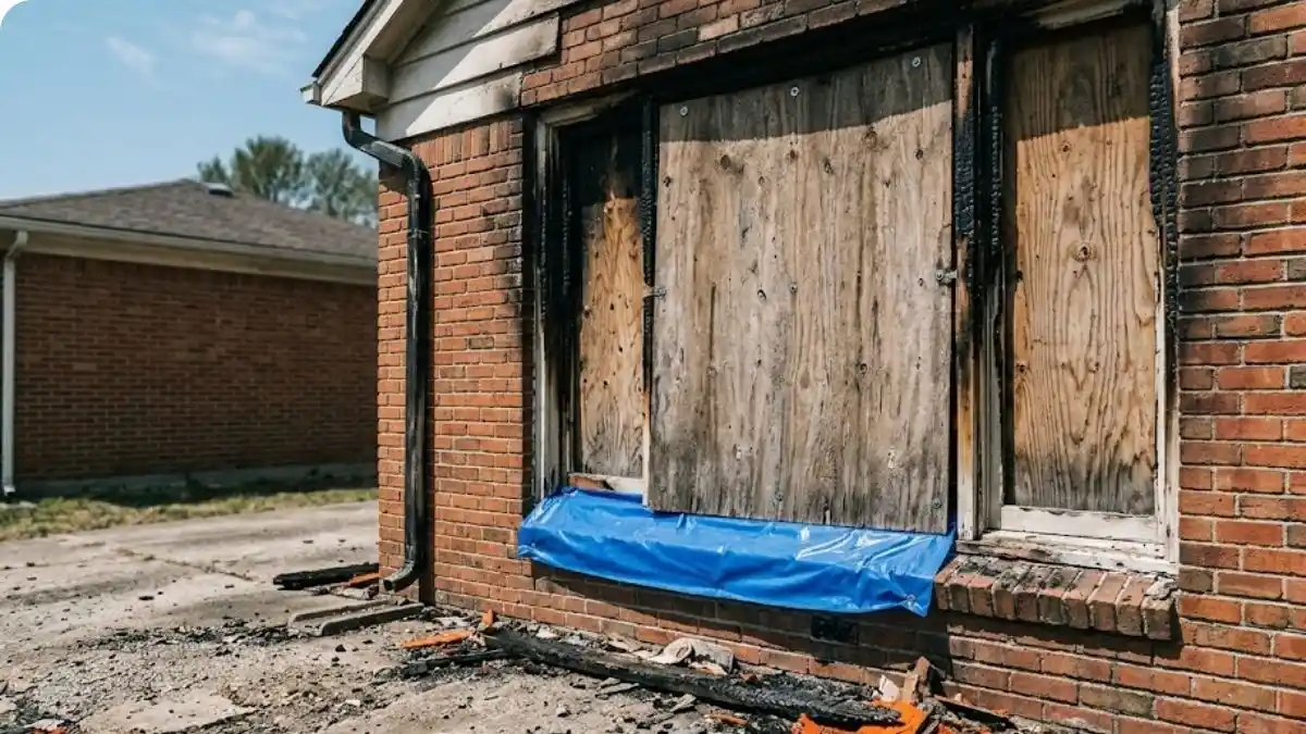 Emergency board-up after fire damage in Fairfax, VA